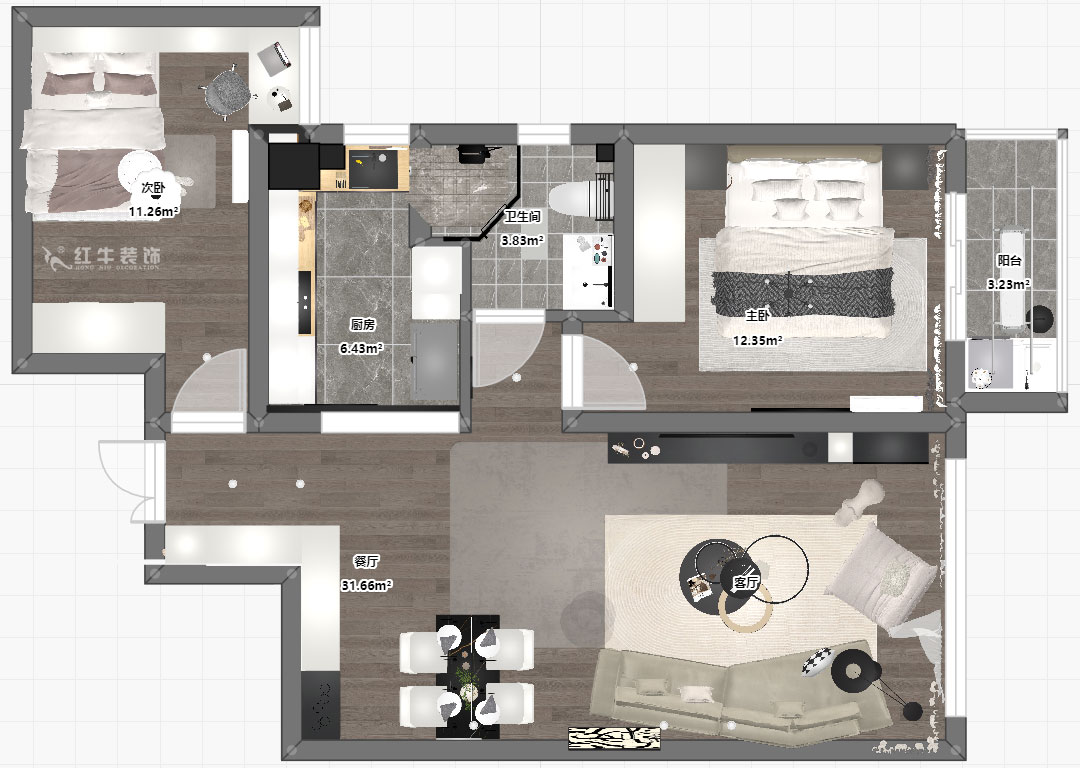 陶阳｜金城丽景5-3-1308-85㎡-现代简约风格｜2室1厅1卫｜二手房装修｜定制家｜全包11万｜00_03平面彩图